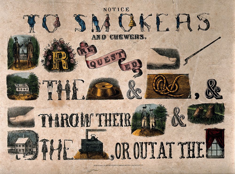 A picture-written notice to smokers and chewers requesting them to throw their stubs etc. in the stove. Coloured lithograph…
