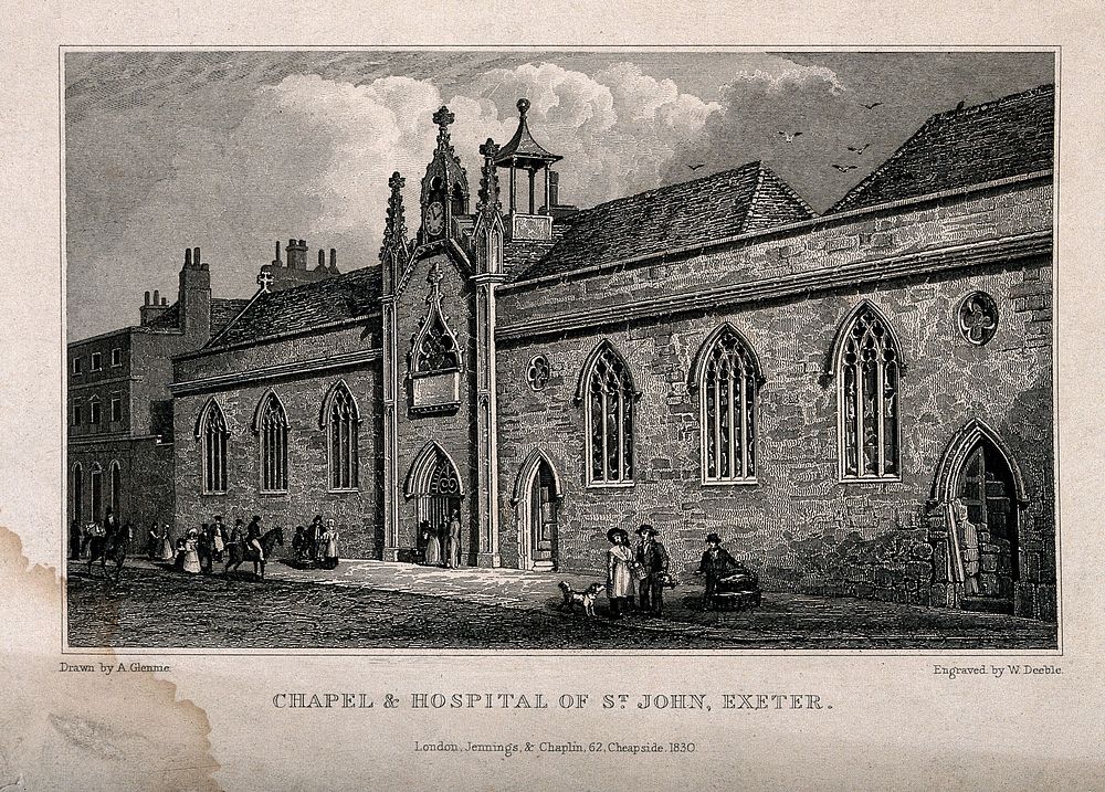 St. John's Hospital and Chapel, Exeter: front with street life. Line engraving by W. Deeble, 1830, after A. Glennie.