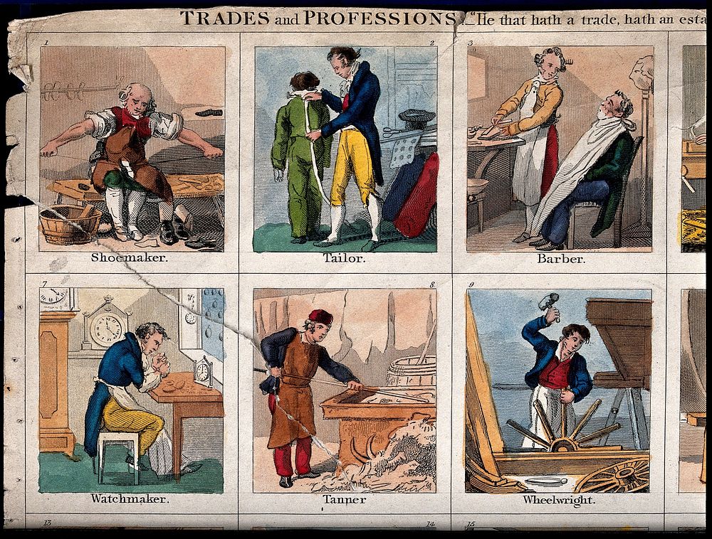 Men engaged in many trades and professions. Coloured etching.