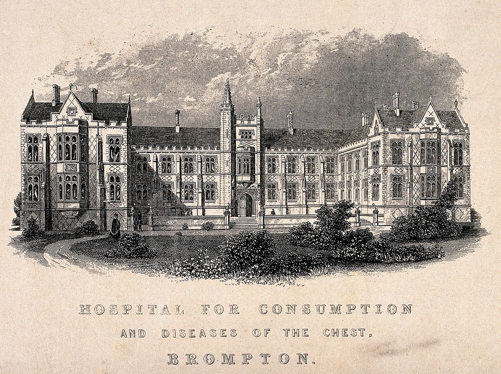 The Hospital for Consumption, Brompton Road, Fulham: viewed from the road. Wood engraving after F. J. Francis, 1844.