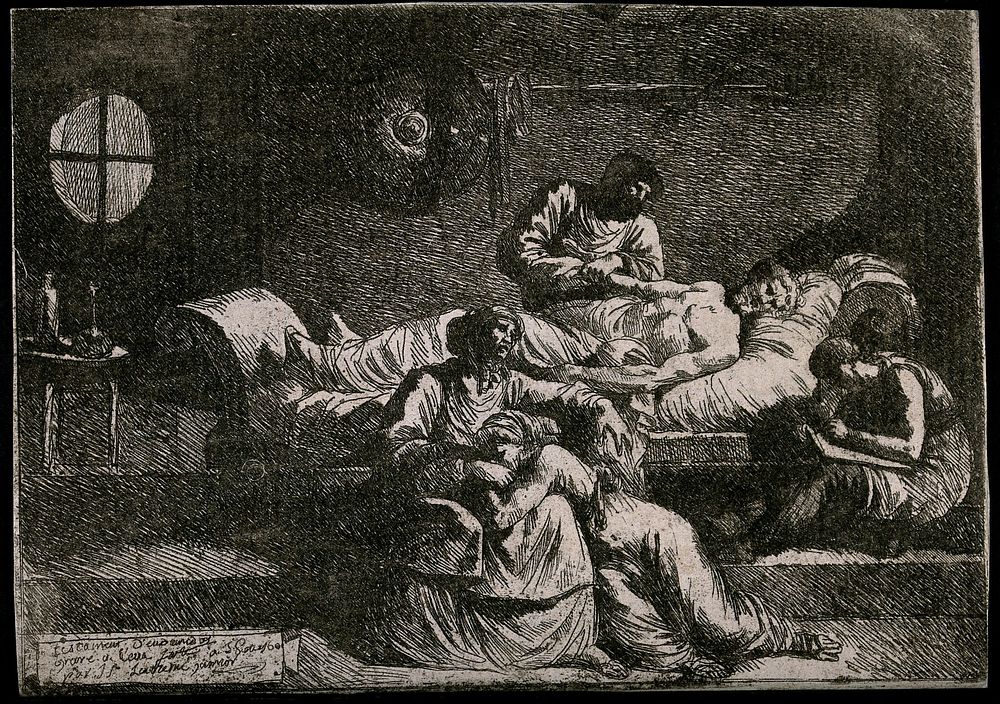 Eudamidas dictating his will on his deathbed, leaving the care of his mother and daughter to two friends. Etching by Jean…