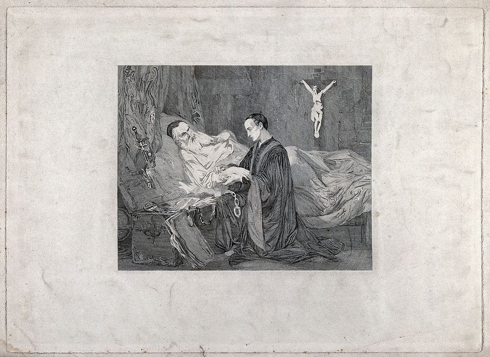 Christopher Columbus on his death bed with a young man kneeling at the bedside; an open chest full of documents beside.…