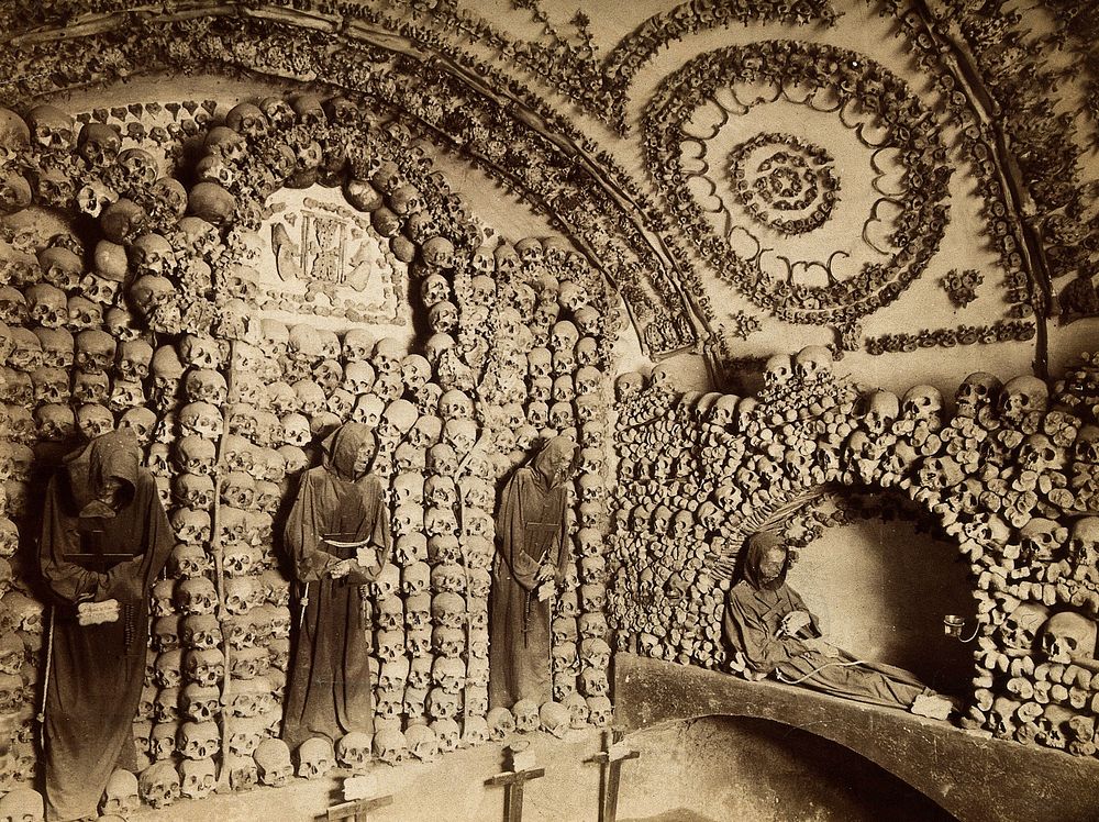 Santa Maria della Concezione, Rome: skulls and skeletons of the friars arranged in arches and columns around the walls of…
