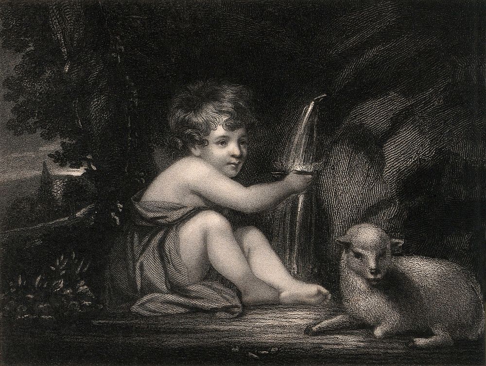 Saint John the Baptist as a child, with a lamb, in the wilderness. Engraving by J. Rogers after Sir J. Reynolds.