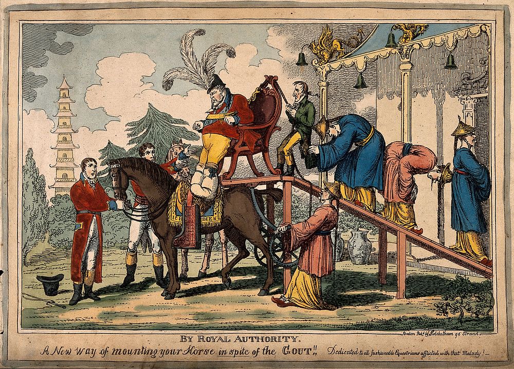 The gouty Prince Regent being helped on to his horse by Chinese assistants using an elaborate contraption outside the…