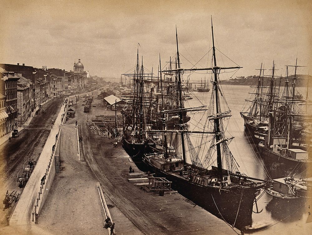 Montreal, Quebec: boats at the city wharf: view from the Custom House. Photograph, ca. 1880.