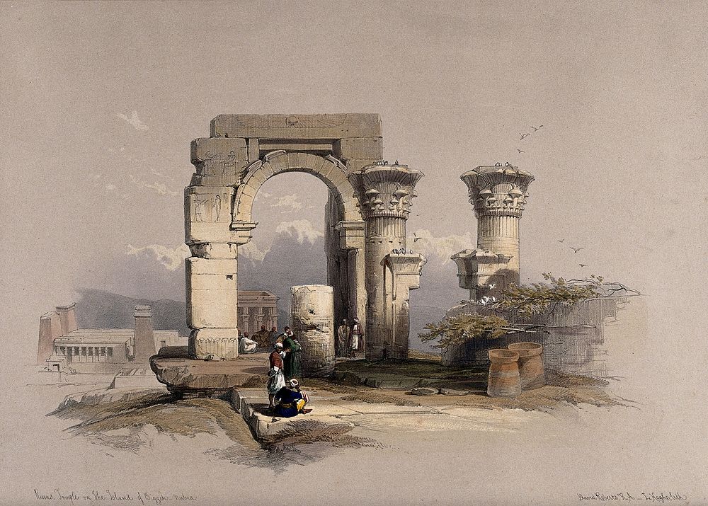 Temple ruins on the island of Biggeh, Egypt. Coloured lithograph by Louis Haghe after David Roberts, 1849.