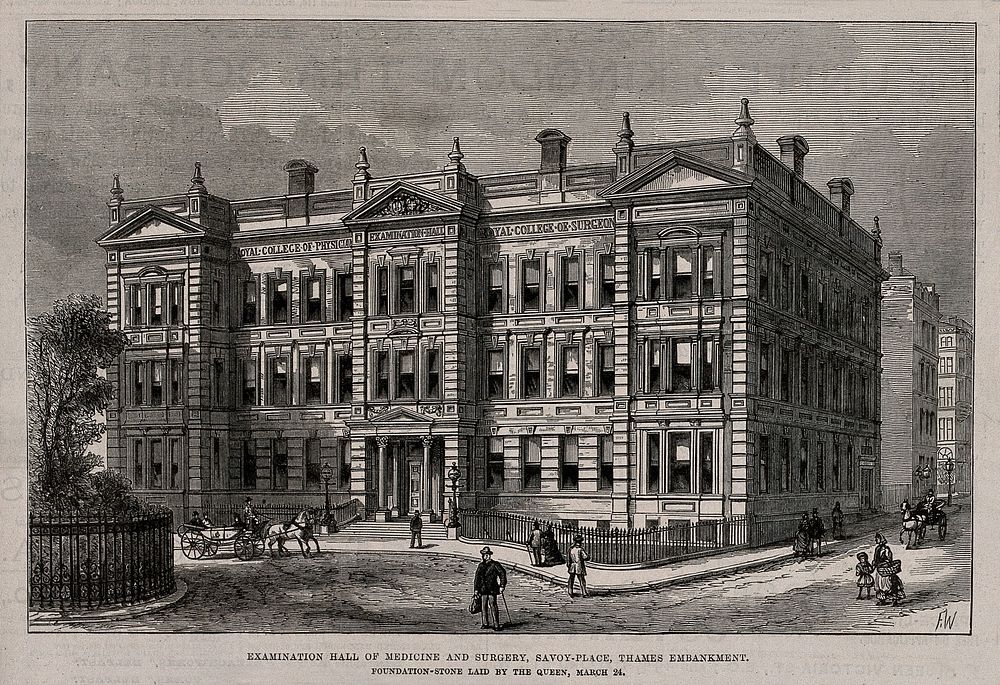 The examination hall of Medicine and Surgery, Savoy Place, London. Wood engraving by [F.W.], [1885].