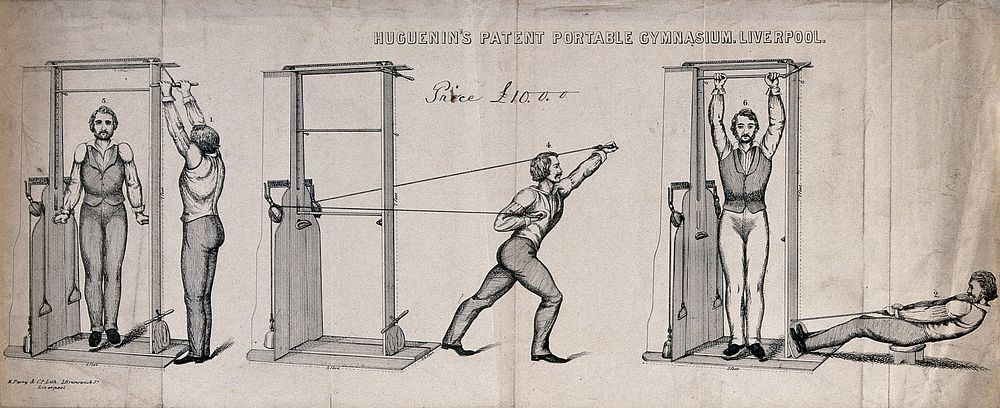 A man performing exercises in a frame with weights and pulleys. Lithograph by E. Parry & Co.