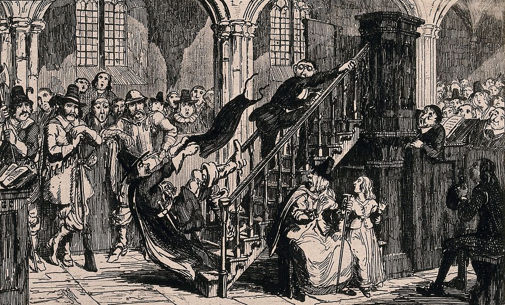 A man is falling down the stairs of the pulpit watched by the congregation in the church, as he falls he pulls the robe of…