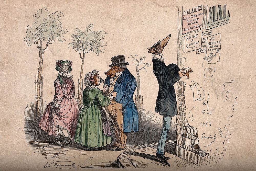 Animals dressed as gentlemen and ladies survey the medical advertisements on a wall. Coloured wood engraving by J.…