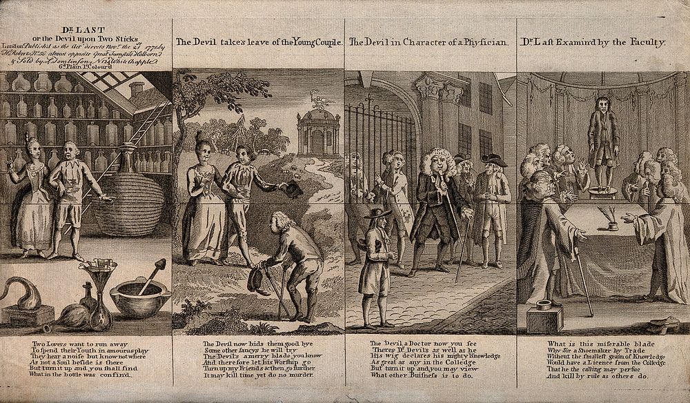 Four scenes from W. Combe's verse Dr. Last or the devil upon two sticks, a parody of the Royal college of physicians and…