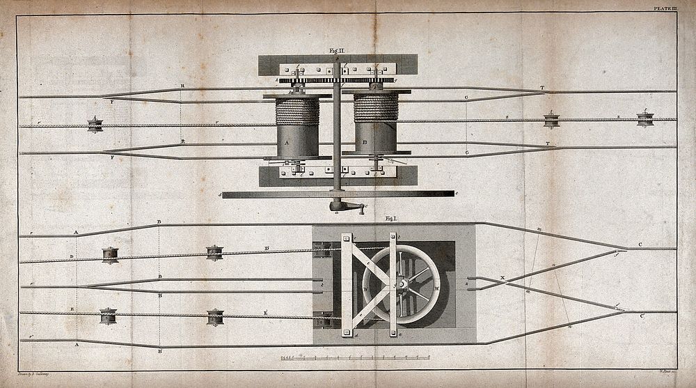Engineering: point-changing mechanisms for railway track in plan and side elevation. Engraving by W. Read after E. Galloway.