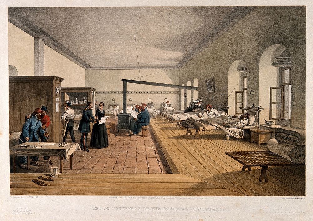 Crimean War: Florence Nightingale assessing a ward at the military hospital in Scutari. Coloured lithograph, c. 1856, by E.…