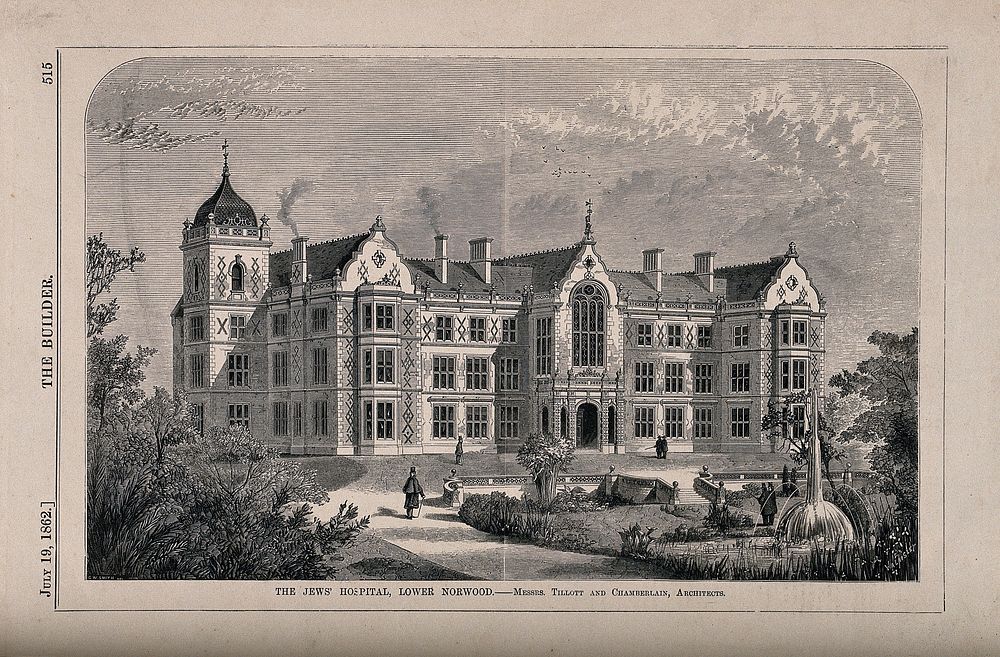 Jews' Hospital, Lower Norwood. Wood engraving by Walmsley, 1862, after G.W. Smith after Tillott and Chamberlain.