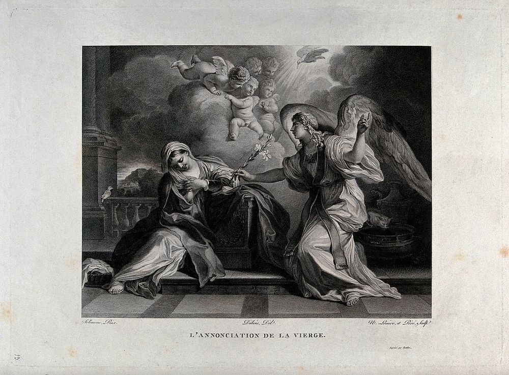 The angel, announcing the birth of Christ, gives a lily to the Virgin. Etching by N. Le Mire after Dubois after F. Solimena.