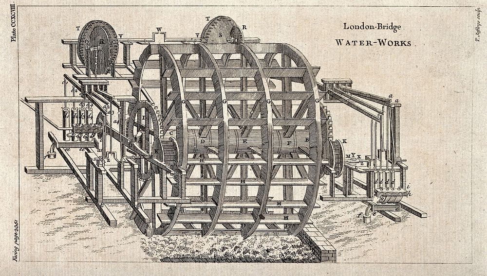 The large waterwheel at the waterworks on London Bridge. Engraving by T. Jefferys.