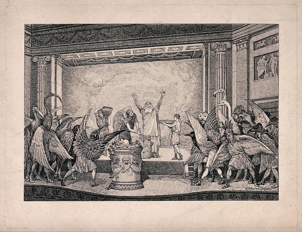 A performance of the play Birds by Aristophanes. Etching by Henry Gillard Glindoni.