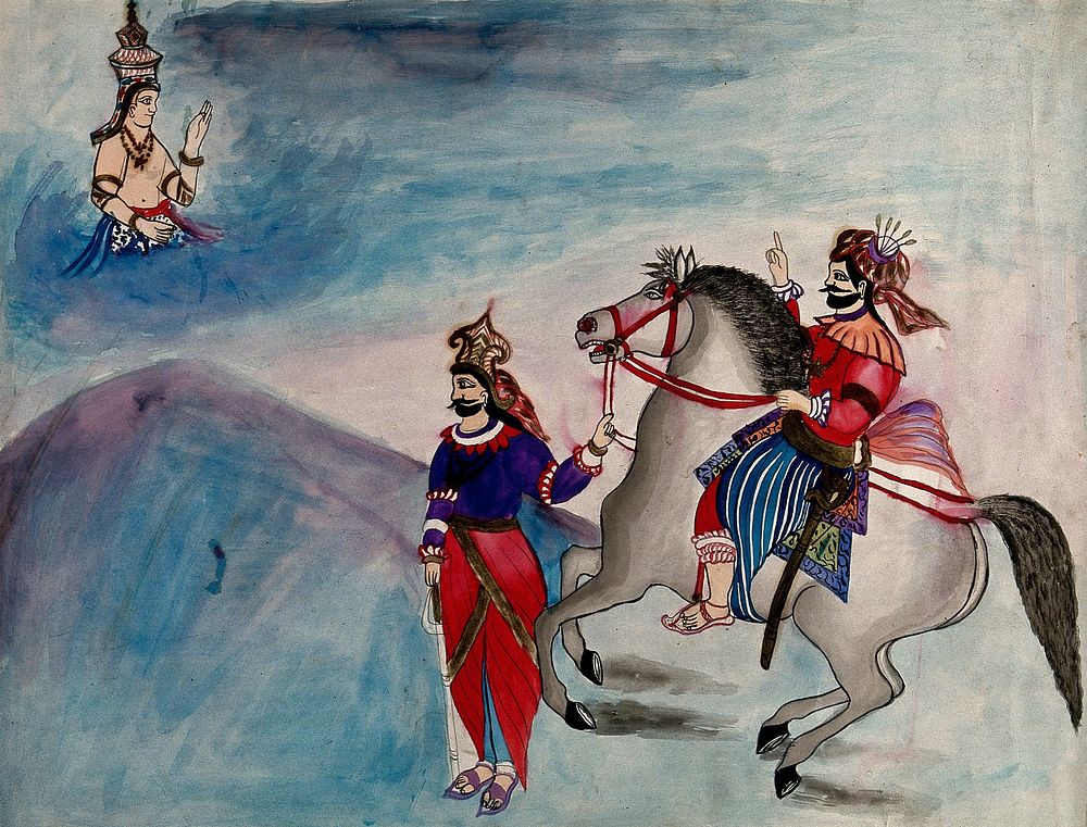 A high ranking person on horseback, being blessed by a god. Gouache painting by an Indic artist.