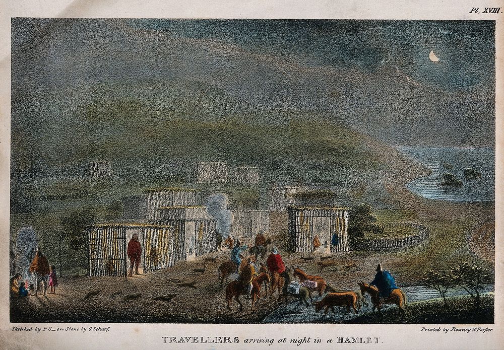 Travellers in Chile arrive at a village by night. Coloured lithograph by G. Scharf after P. Schmidtmeyer.