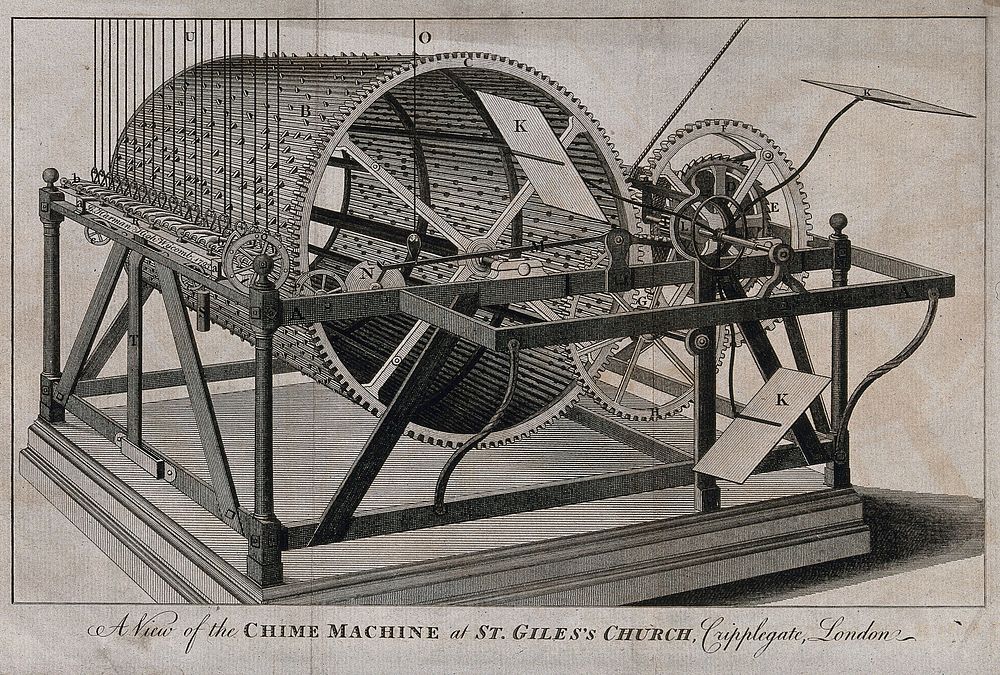 A large cylindrical machine with cogs and keys for making music. Engraving.