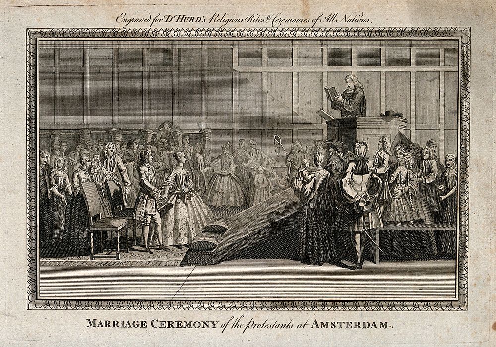 A couple stand before a priest in a pulpit as they take their marriage vows. Engraving.