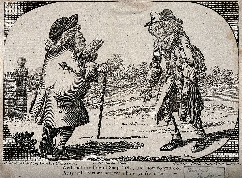 A doctor meeting a barber in a country setting. Engraving.