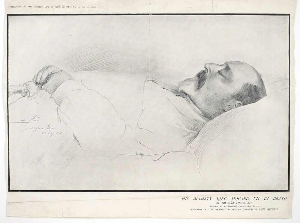 King Edward VII on his deathbed in Buckingham Palace in 1910. Line process print after a drawing by Sir Luke Fildes, 1910.