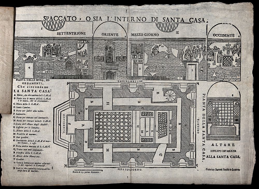 Interior of the Santa Casa at Loreto and of the altar at its outside; below is a ground plan of the Santa Casa. Woodcut by…