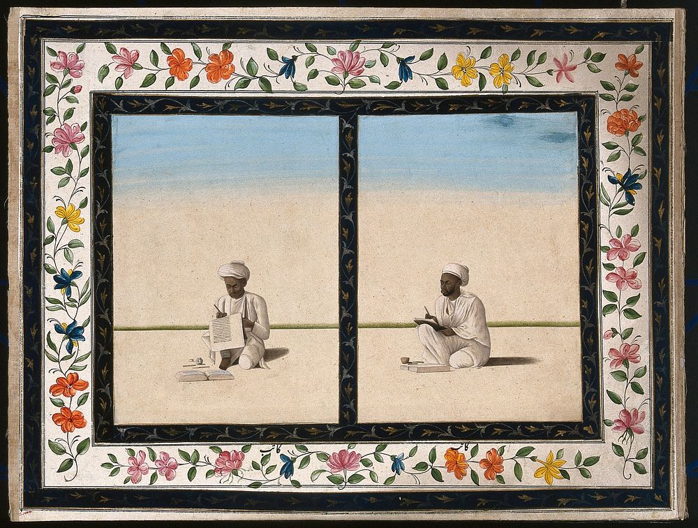 Two scribes copying manuscripts or official letters. Gouache painting by an Indian artist.