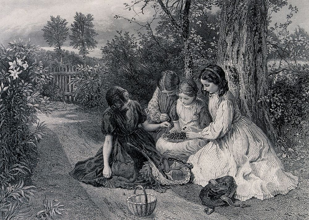 A group of girls are sitting on the ground under a tree with a basket of cherries. Engraving by T. Brown after Birket Foster.