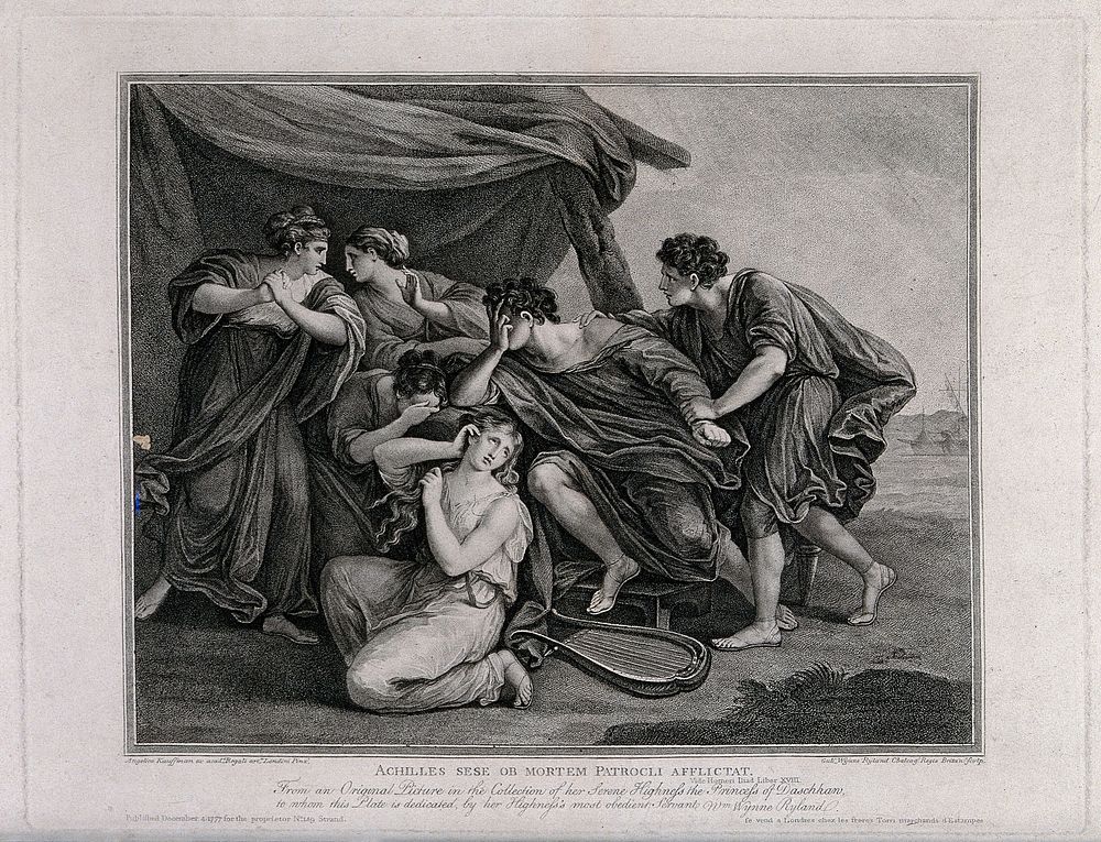 Achilles mourning the death of Patroclus. Stipple engraving by William Wynne Ryland after Angelica Kauffman, 1777.