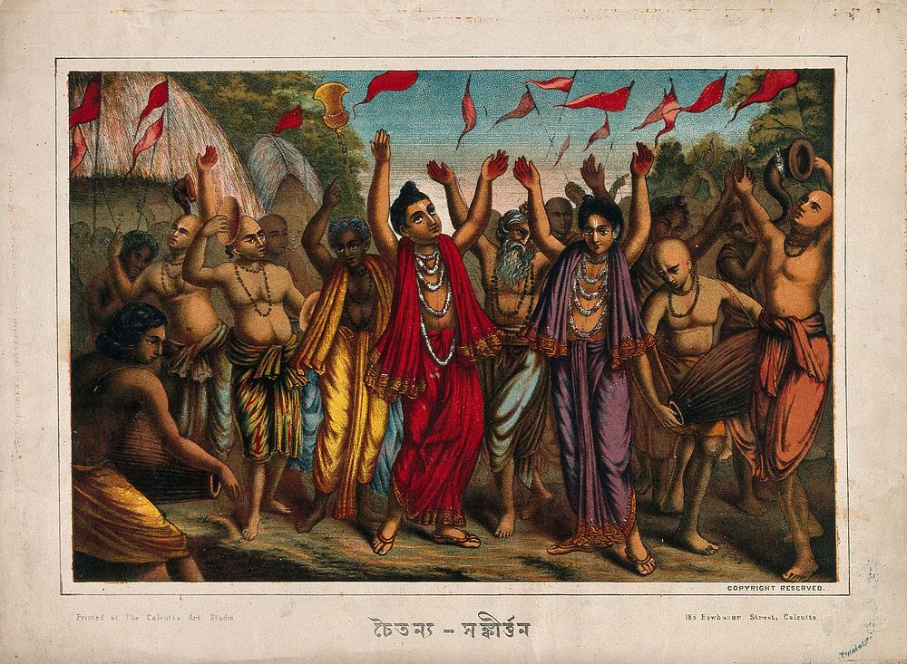 Devotees of Krishna and followers of Sri Caitanya, dancing with drums, flags and narsingh horn. Chromolithograph.