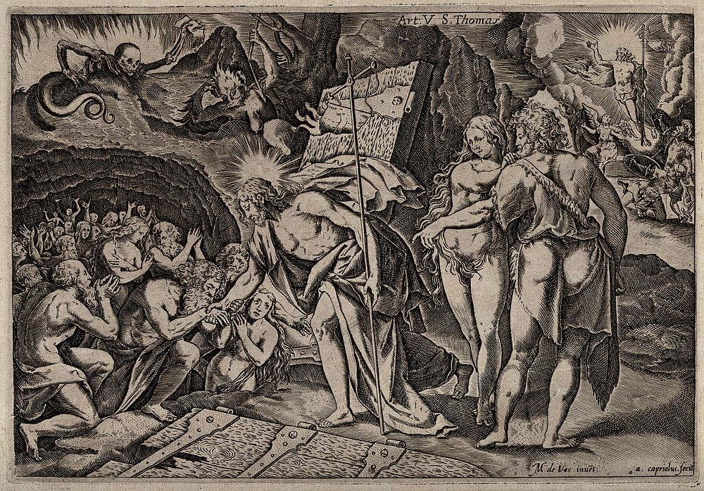 The harrowing of hell and the resurrection of Christ. Engraving by A. Caprioli after M. de Vos.