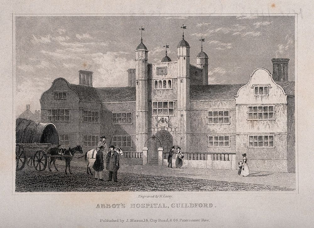 Abbots Hospital, Guildford, Surrey. Line engraving by H. Lacey.
