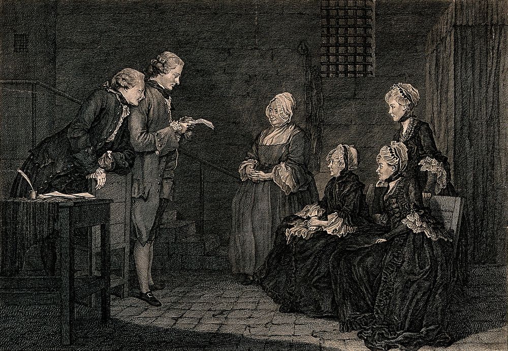 The family of Jean Calas sit listening to Alexandre Lavaysse reading a letter from Calas after his execution. Engraving by…