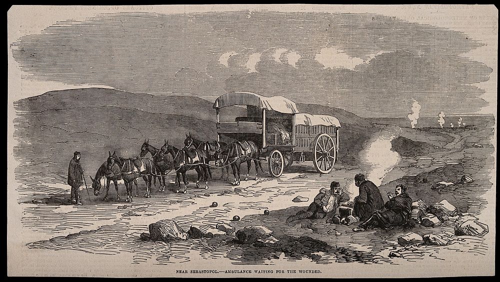Crimean War: ambulances waiting for the wounded near Sebastopol. Wood engraving, 1855.