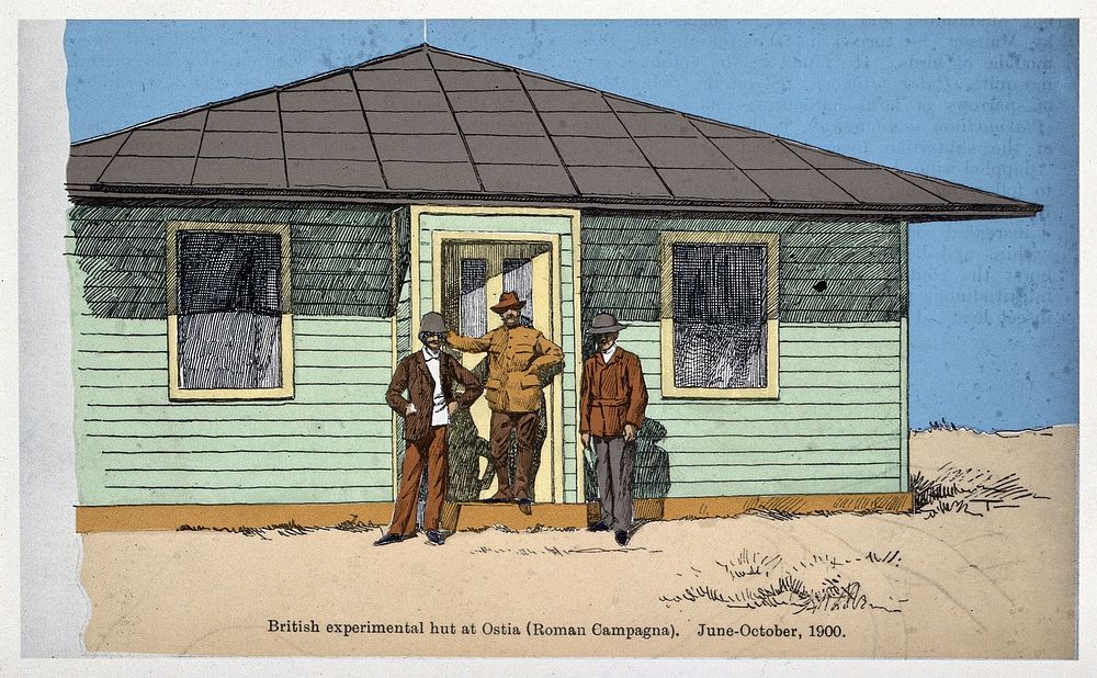 Three researchers outside the British experimental hut set up near Ostia to verify the mosquito-malaria theory. Coloured…