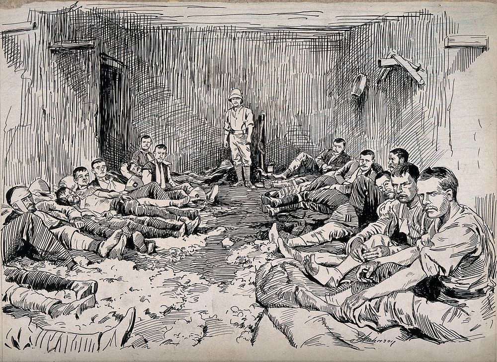 Boer War: wounded British soldiers lying in a waggon-house which is being used as a temporary hospital. Pen and ink drawing…