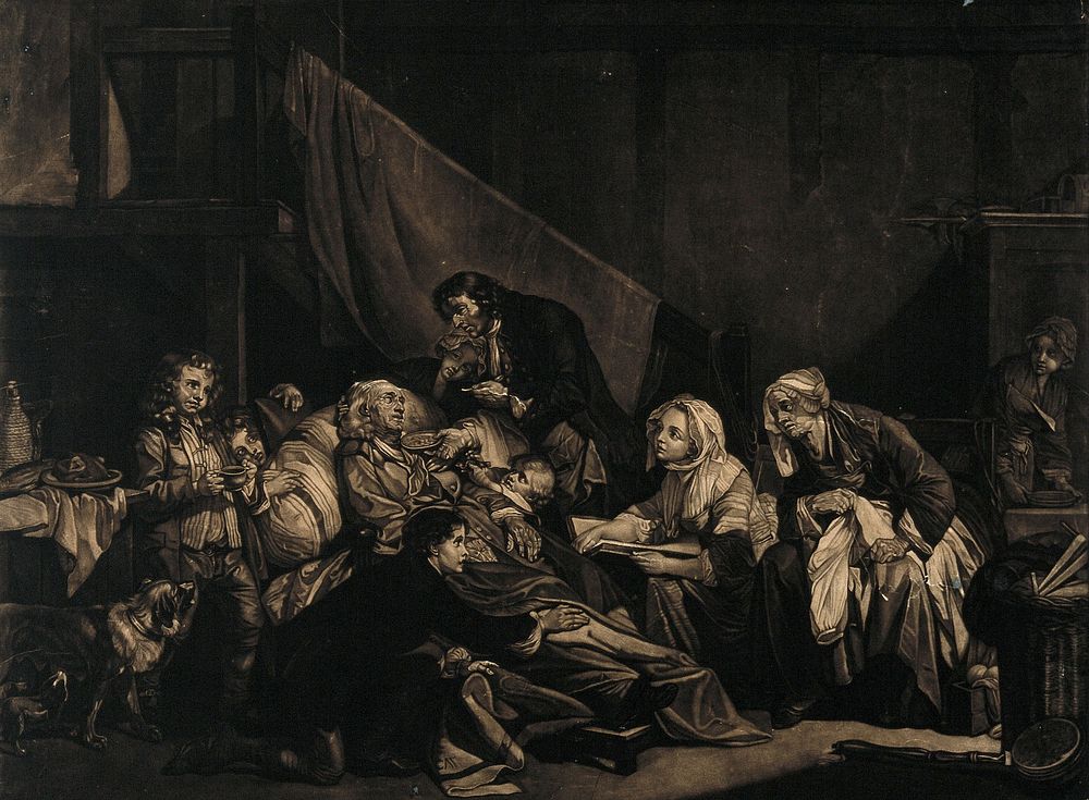 A paralysed old man being comforted and nursed by his children. Mezzotint by S. De Wilde after J.J. Flipart after J.B.…