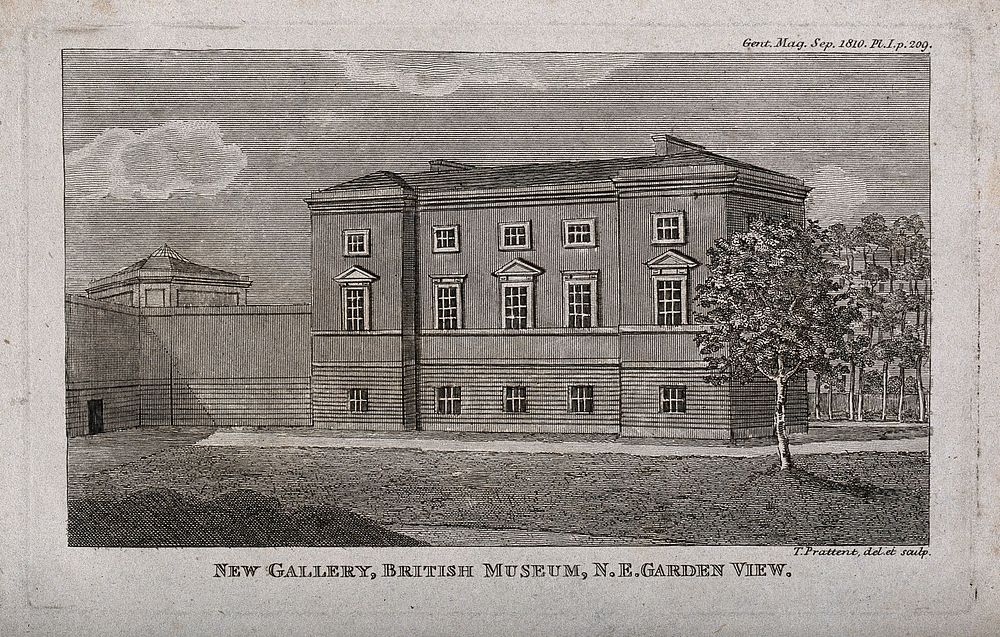 The British Museum: the exterior of the new gallery. Engraving by T. Prattent after himself, 1810.