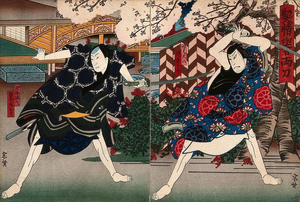 Actors fighting under a cherry tree. Colour woodcut by Munehiro, early 1860s.