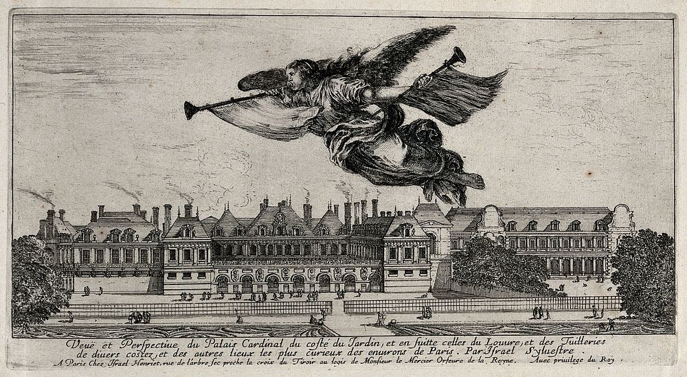 The Palais Cardinal, above which Fame is blowing her trumpet. Etching by I. Silvestre.