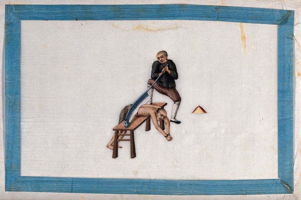 A Chinese prisoner is sliced into two by a large blade. Gouache painting by a Chinese artist, ca. 1850.