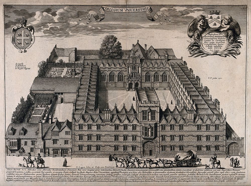 University College, Oxford: aerial view with key and coats of arms. Line engraving by D. Loggan after himself.