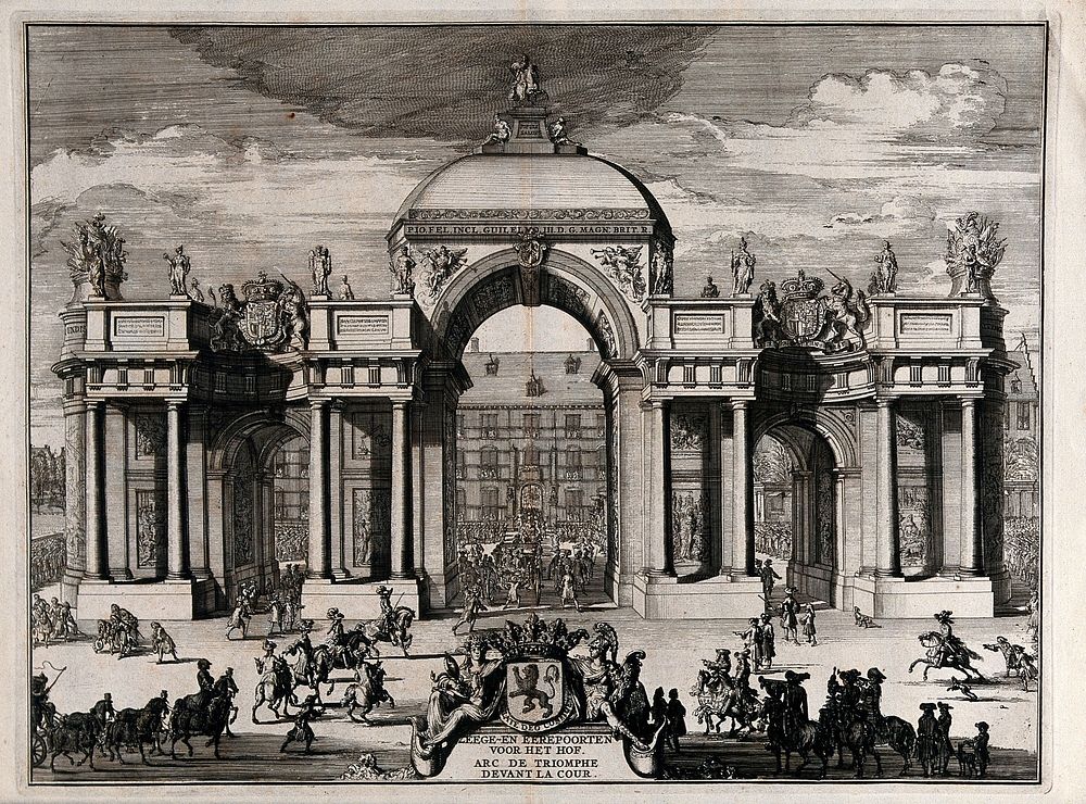 A triumphal arch in front of the palace of William III of Orange. Engraving.