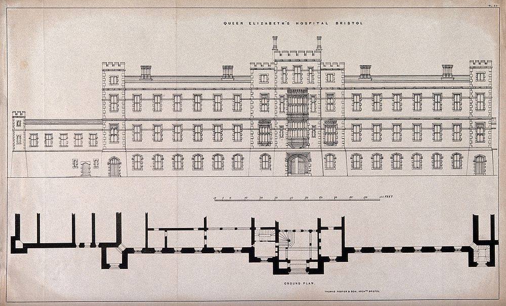 Architectural diagram of the facade and ground plan of Queen Elizabeth's hospital. Reproduction of a drawing after T. Foster…