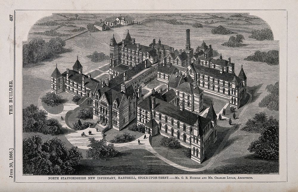 North Staffordshire New Infirmary, Hartshill, Stoke-upon-Trent. Wood engraving by W.E. Hodgkin, 1866, after B. Sly after…