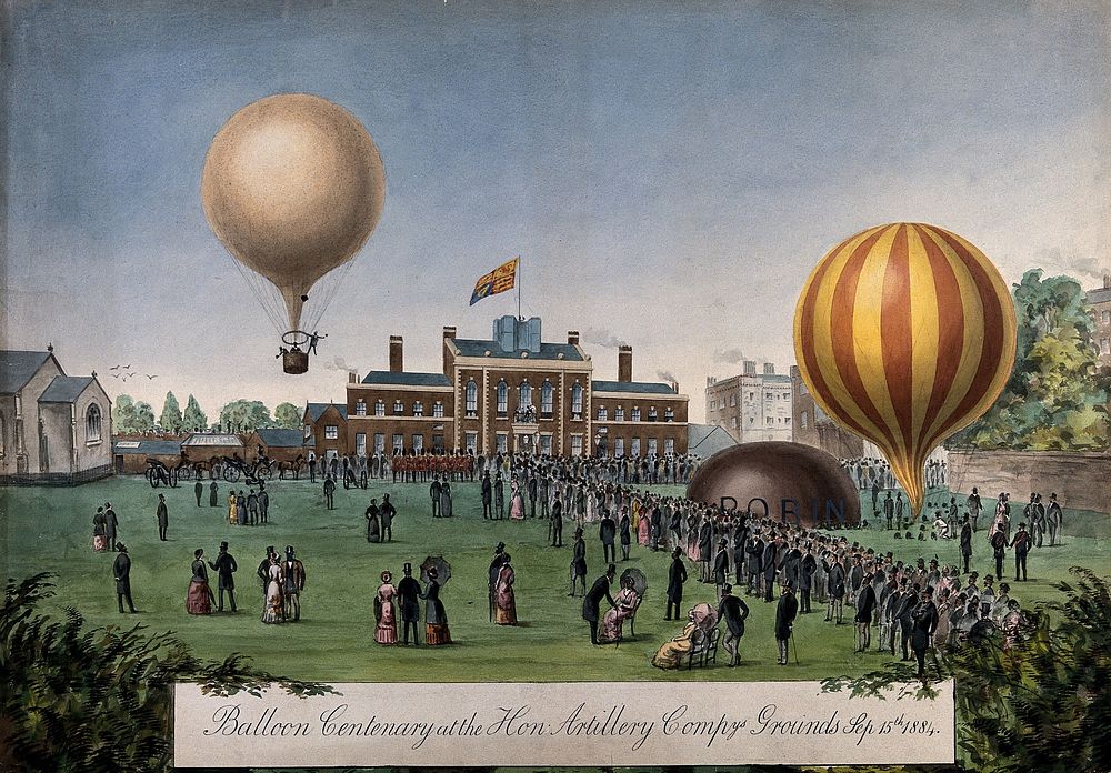 Crowds gather at the parade ground of the Honourable Artillery Company in London to watch two hot-air balloons. Gouache.