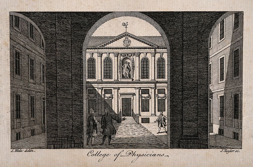 Royal College of Physicians: the courtyard, viewed through the pillars of the entrance, with gentlemen standing about.…